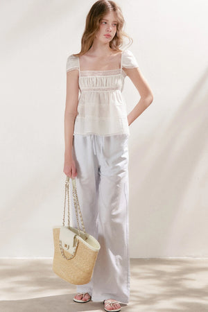 High-Waisted Linen Cotton Drawstring Wide-Leg Pants