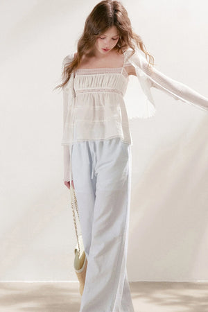 High-Waisted Linen Cotton Drawstring Wide-Leg Pants