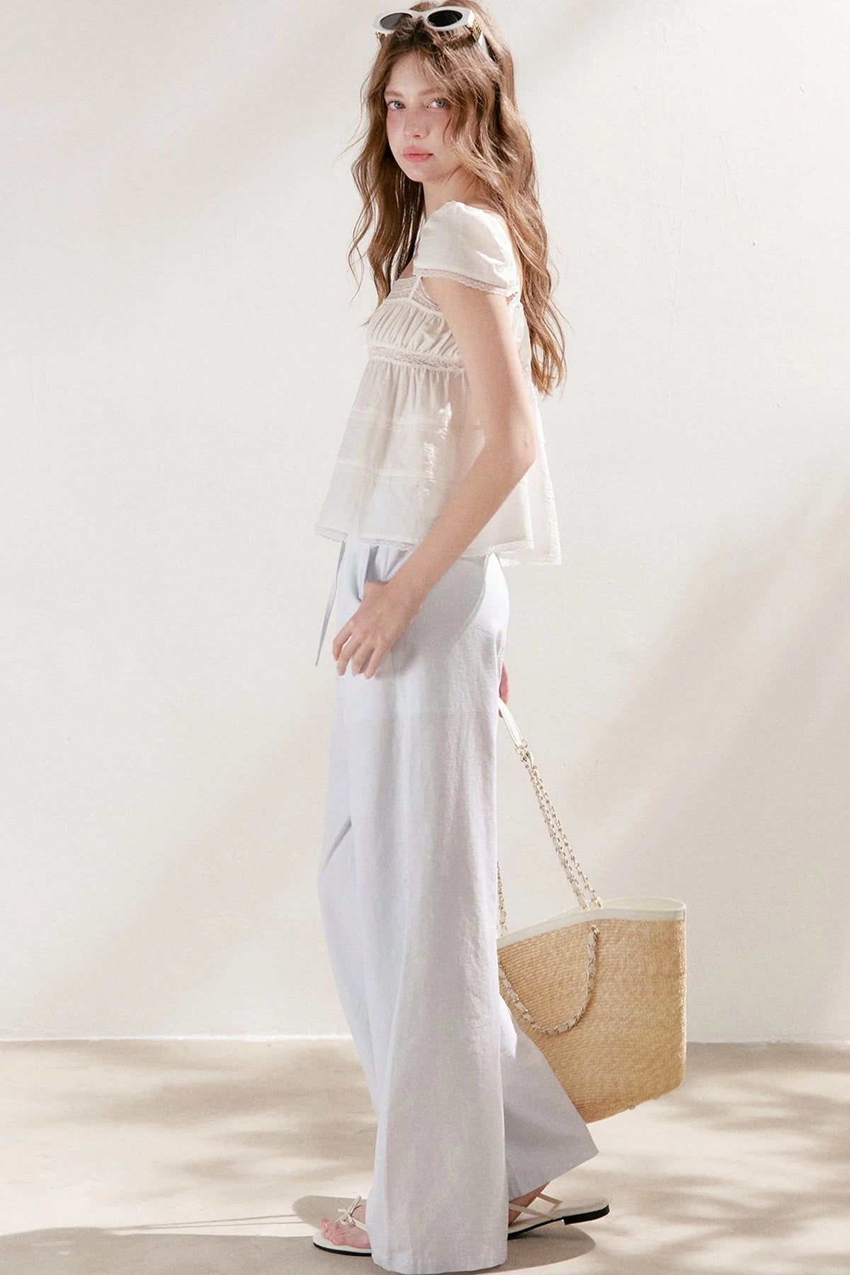 High-Waisted Linen Cotton Drawstring Wide-Leg Pants