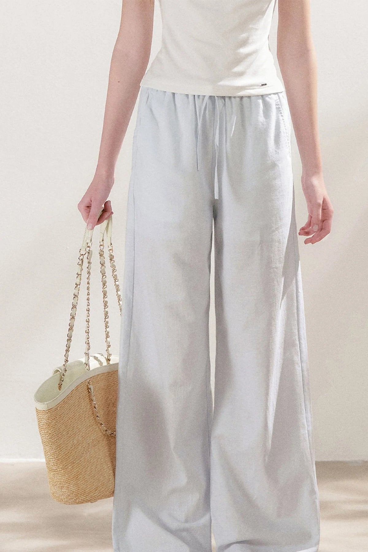 High-Waisted Linen Cotton Drawstring Wide-Leg Pants