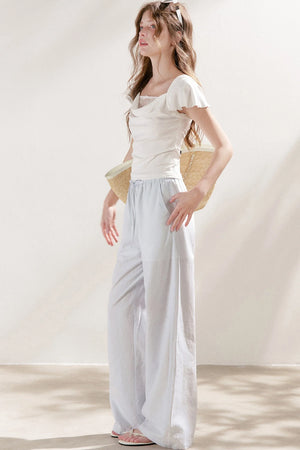 High-Waisted Linen Cotton Drawstring Wide-Leg Pants