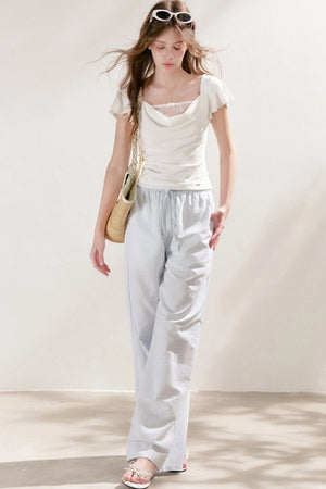 High-Waisted Linen Cotton Drawstring Wide-Leg Pants