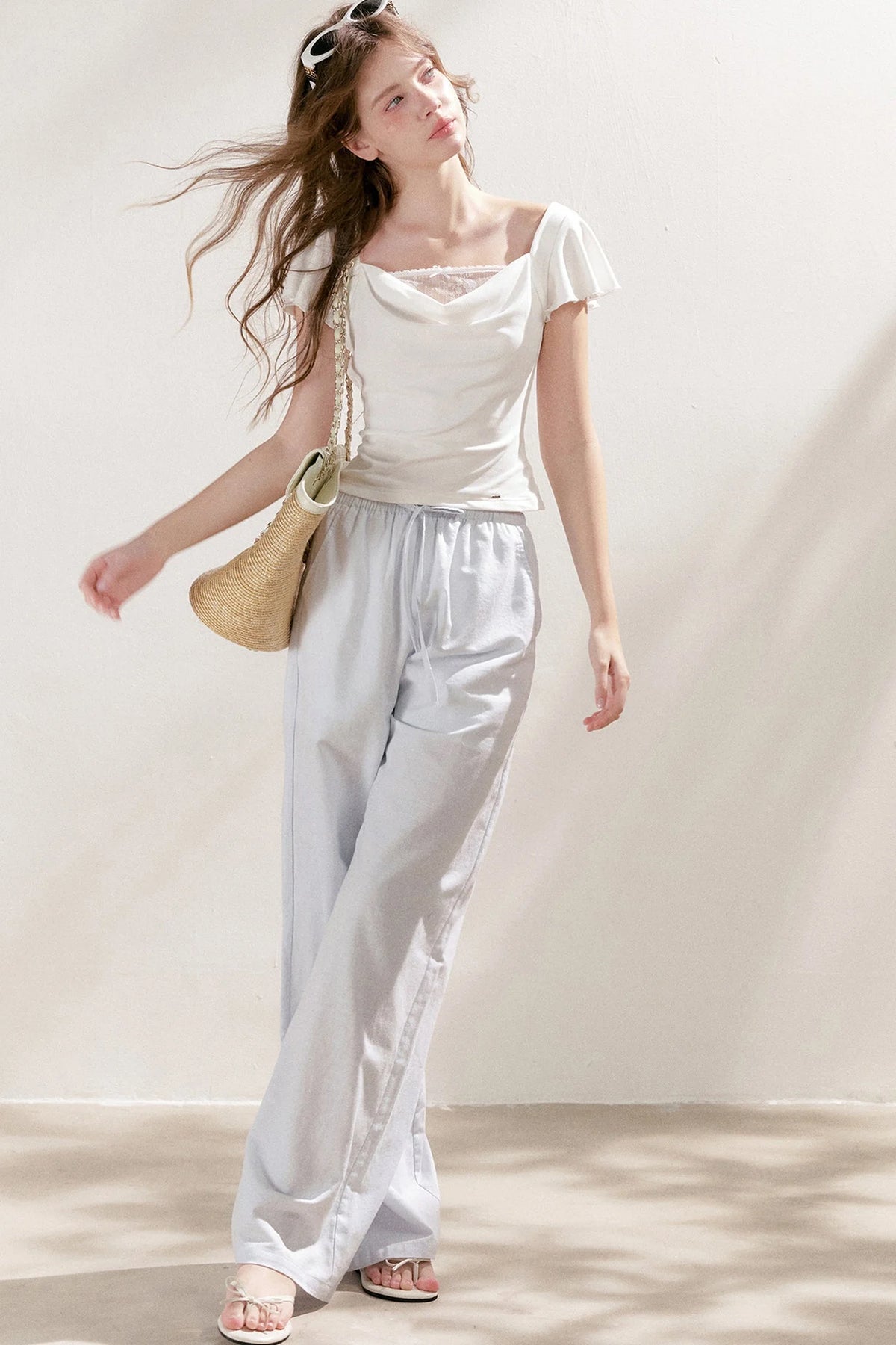 High-Waisted Linen Cotton Drawstring Wide-Leg Pants