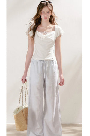 High-Waisted Linen Cotton Drawstring Wide-Leg Pants