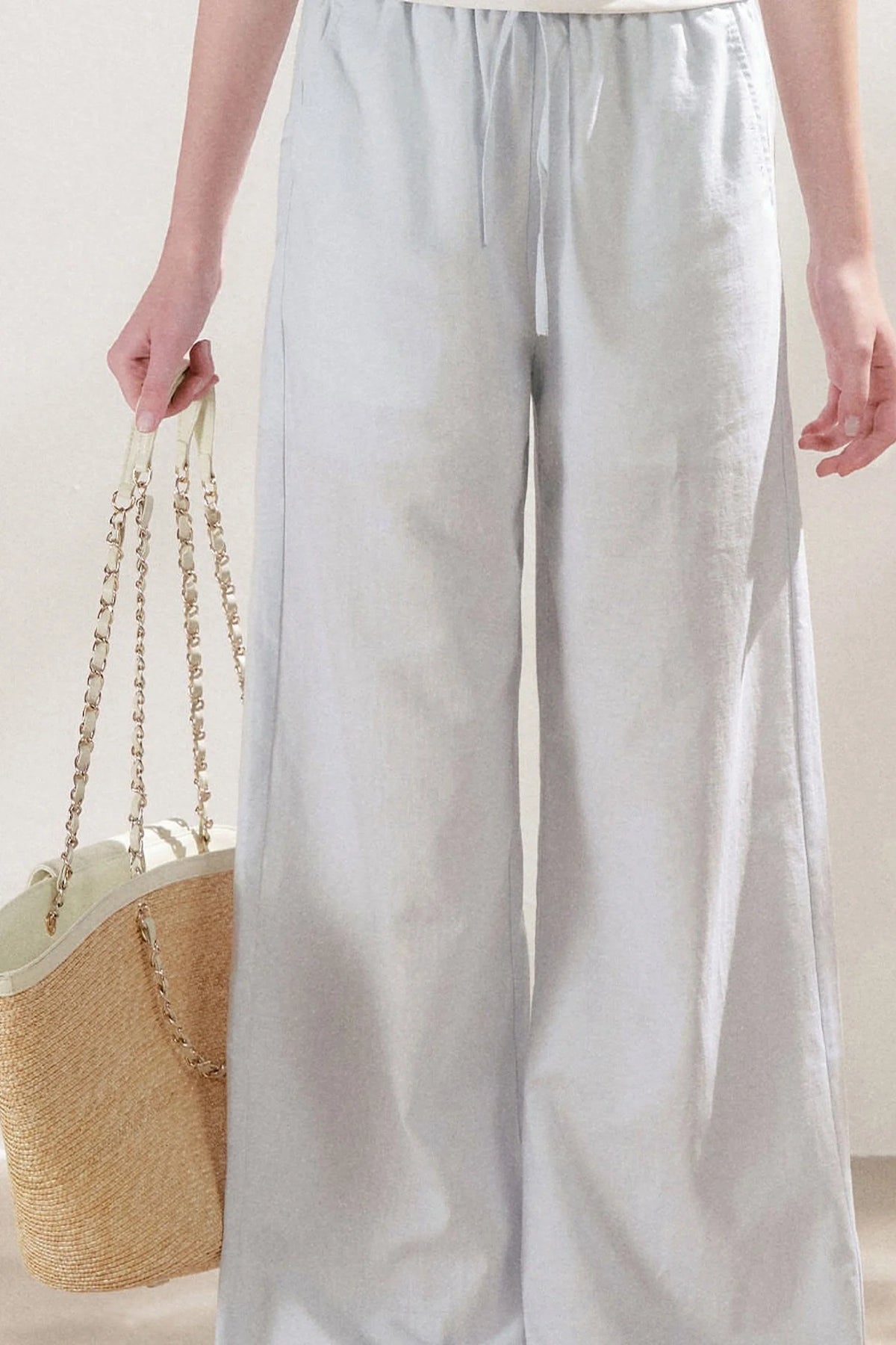 High-Waisted Linen Cotton Drawstring Wide-Leg Pants