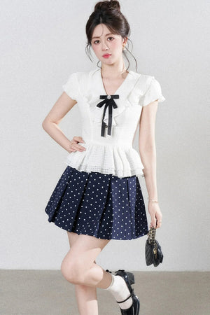 High-Waisted Polka Dot Skirt with Ruffle Shirt Set