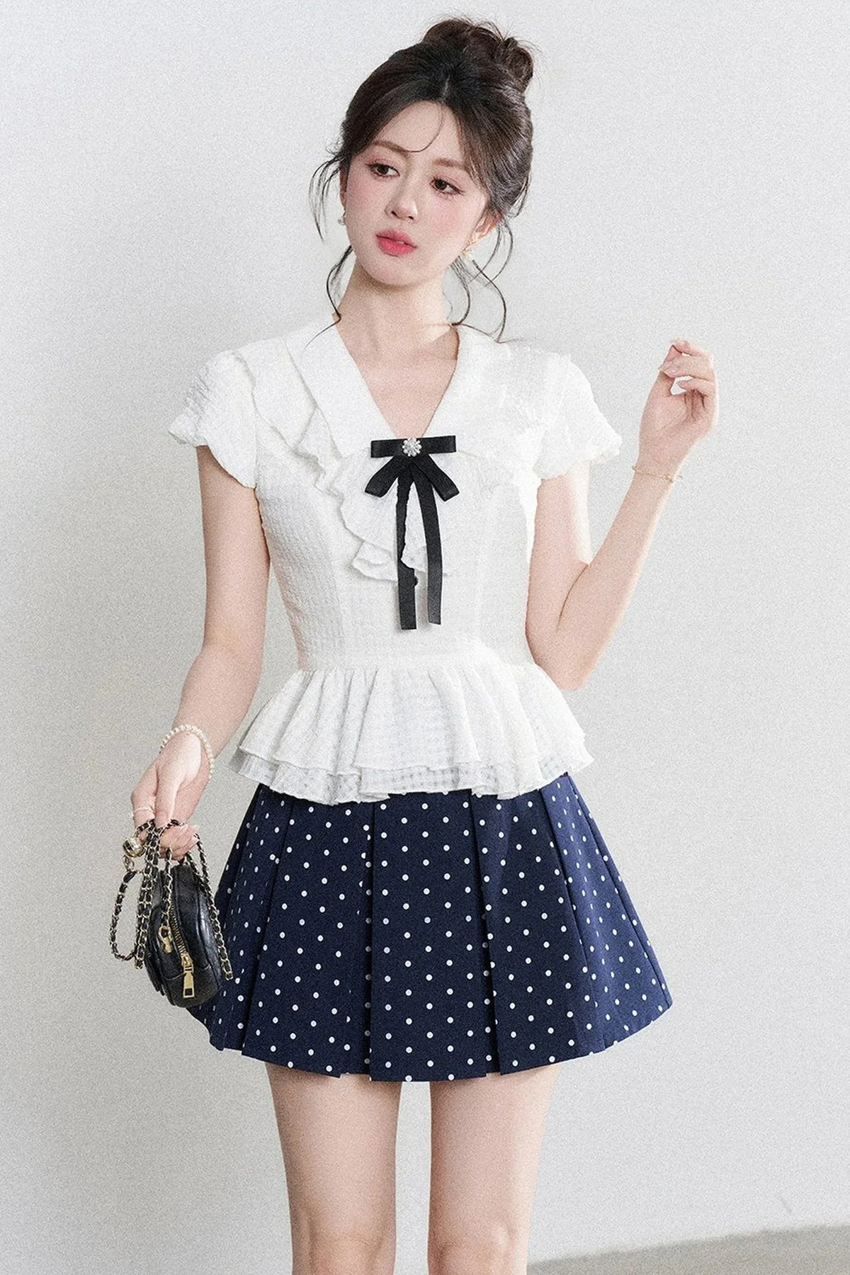 High-Waisted Polka Dot Skirt with Ruffle Shirt Set