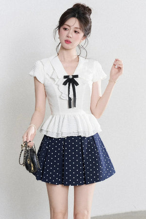 High-Waisted Polka Dot Skirt with Ruffle Shirt Set