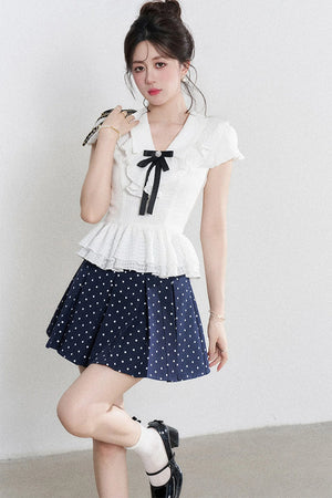 High-Waisted Polka Dot Skirt with Ruffle Shirt Set