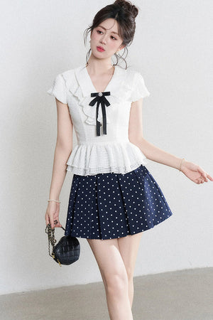 High-Waisted Polka Dot Skirt with Ruffle Shirt Set