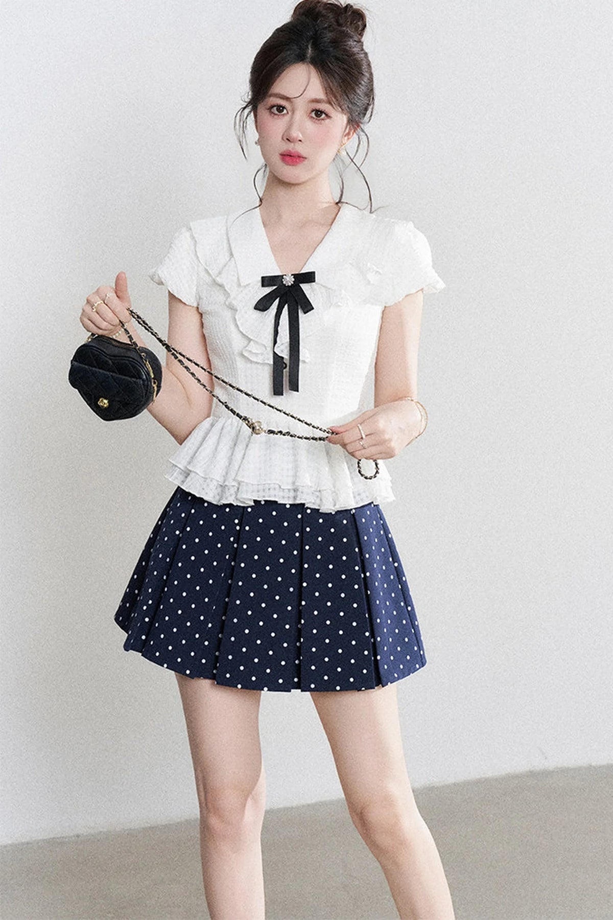 High-Waisted Polka Dot Skirt with Ruffle Shirt Set