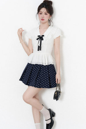 High-Waisted Polka Dot Skirt with Ruffle Shirt Set