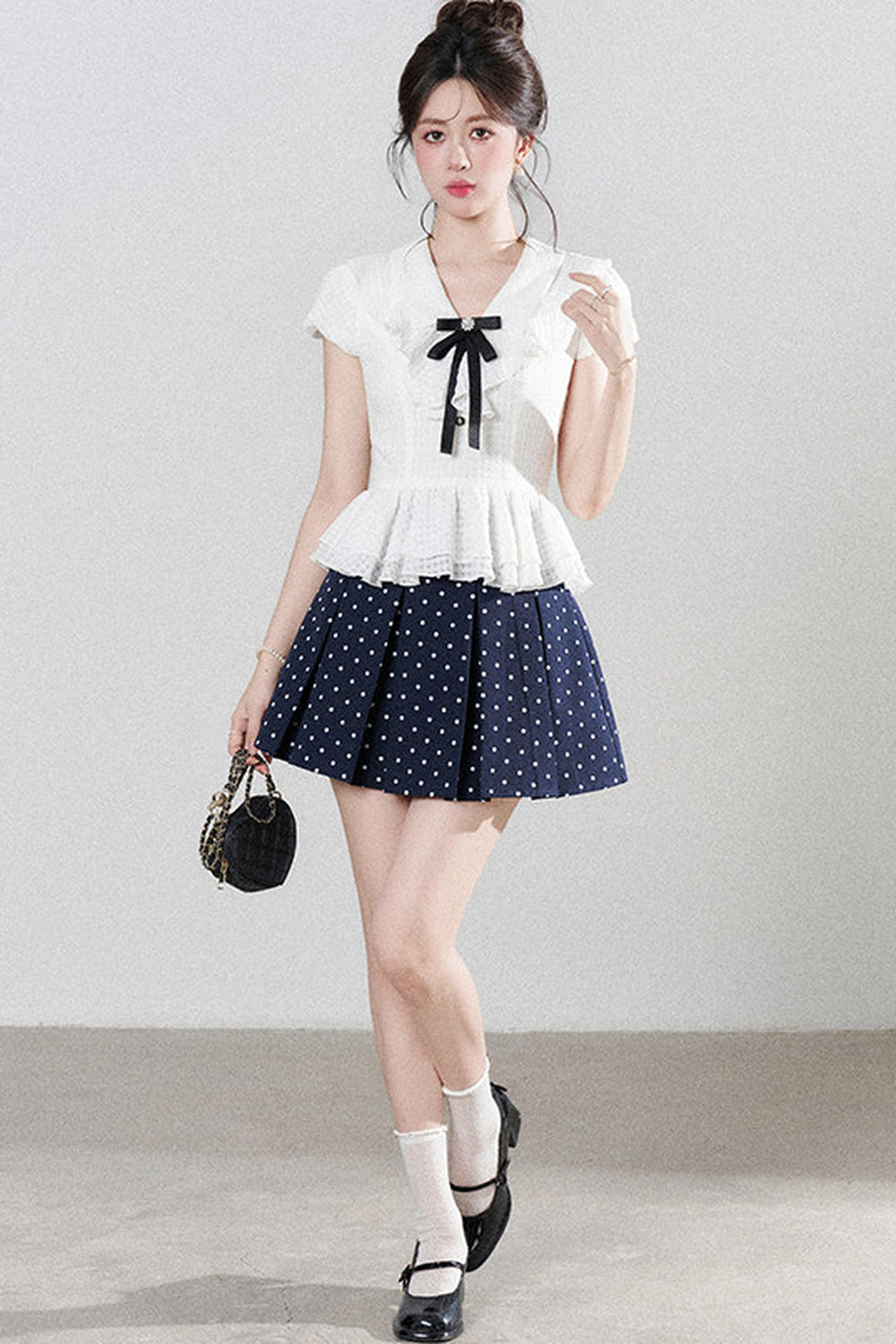 High-Waisted Polka Dot Skirt with Ruffle Shirt Set