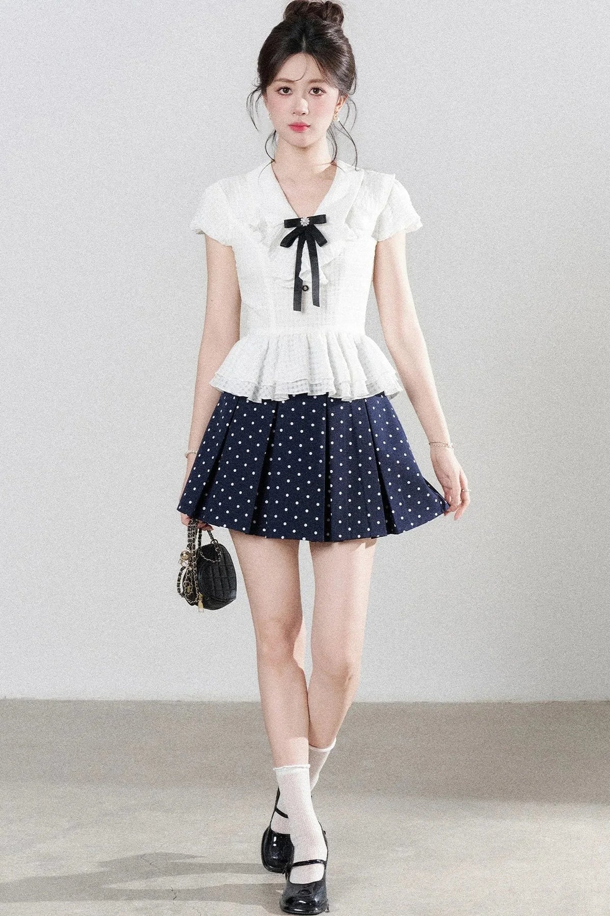 High-Waisted Polka Dot Skirt with Ruffle Shirt Set