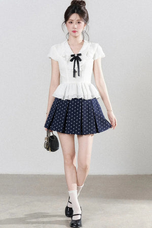 High-Waisted Polka Dot Skirt with Ruffle Shirt Set