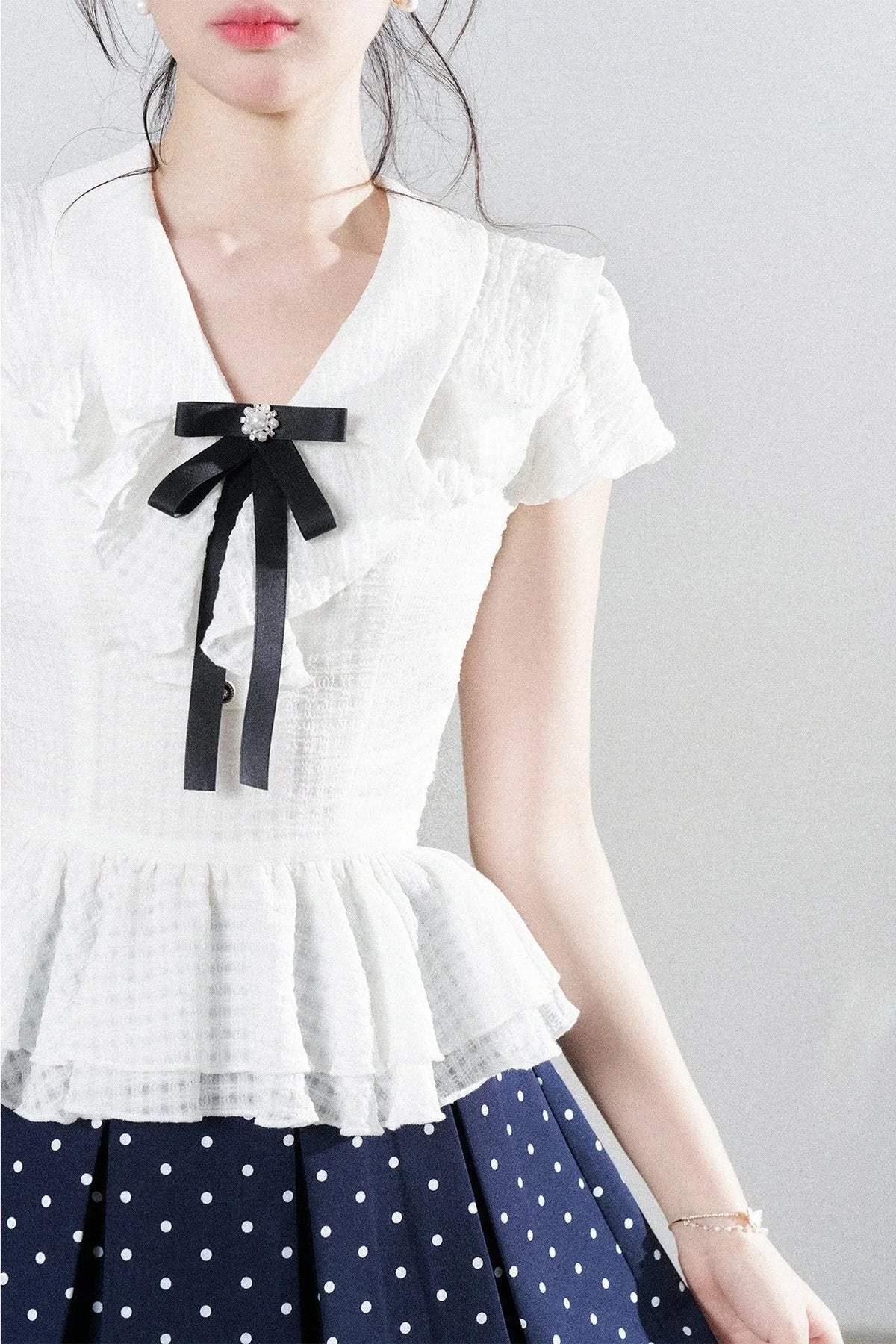 High-Waisted Polka Dot Skirt with Ruffle Shirt Set