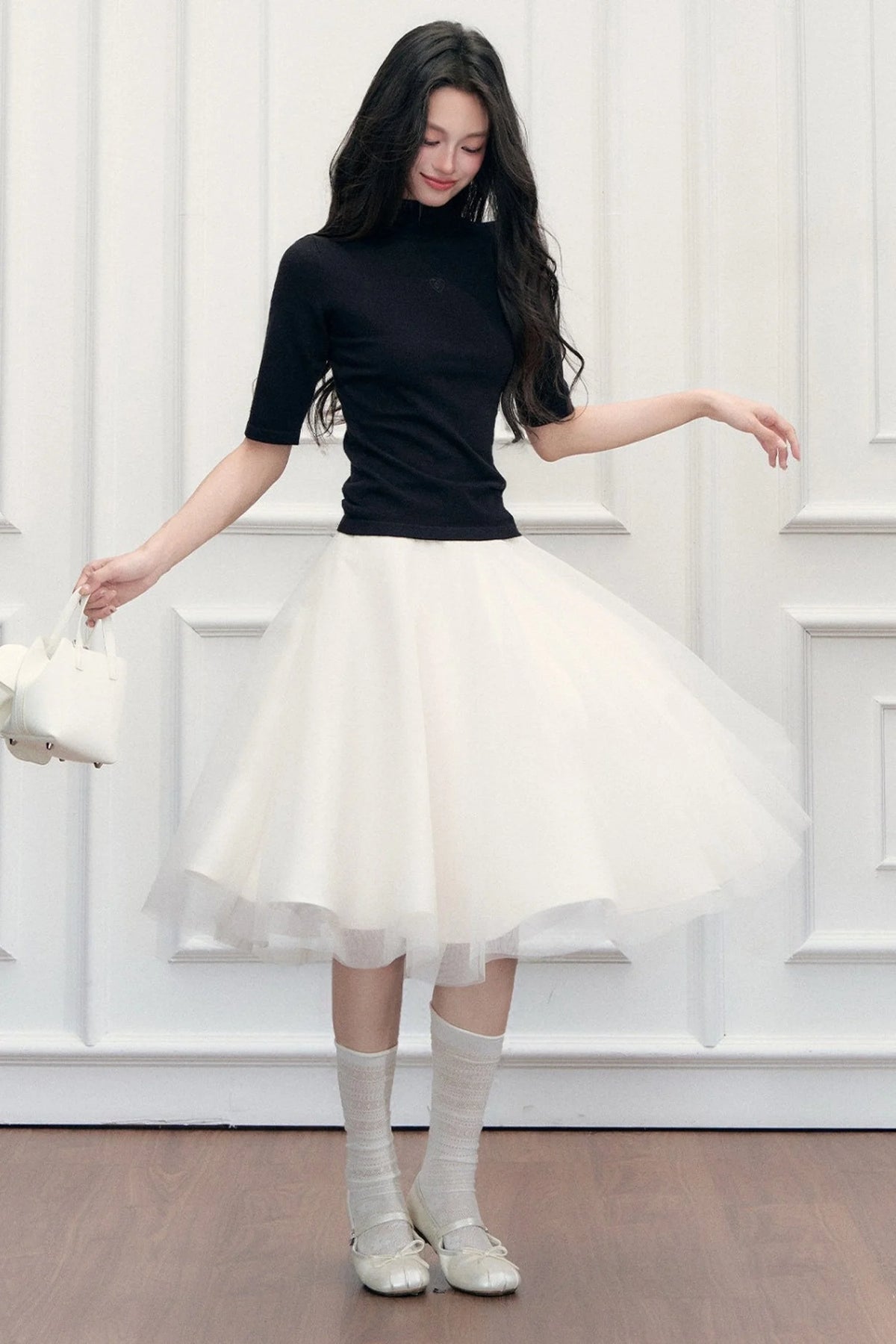 High-Waisted Puffy A-Line Mesh Skirt