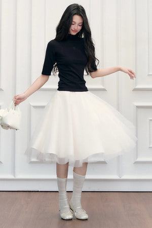 High-Waisted Puffy A-Line Mesh Skirt