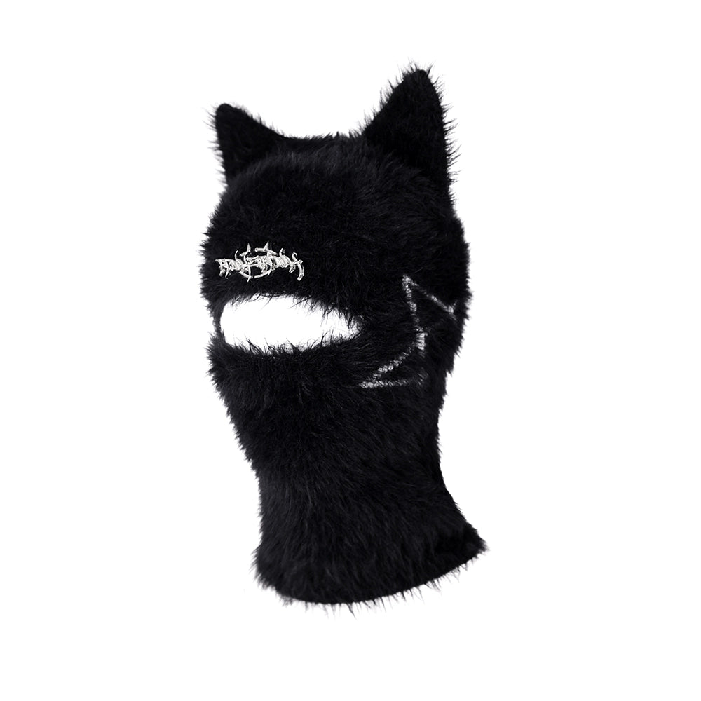 Black knit hat with cat ears and metal detailing.