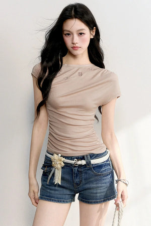 Hollow Embroidery Flutter Sleeve Top