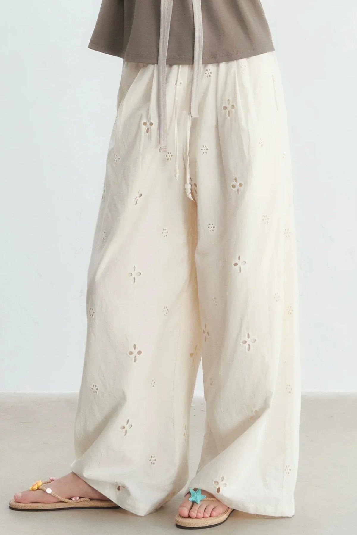 Hollow-Out Embroidered Wide-Leg Pants