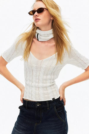 Hollow-Out Knit V-Neck Top