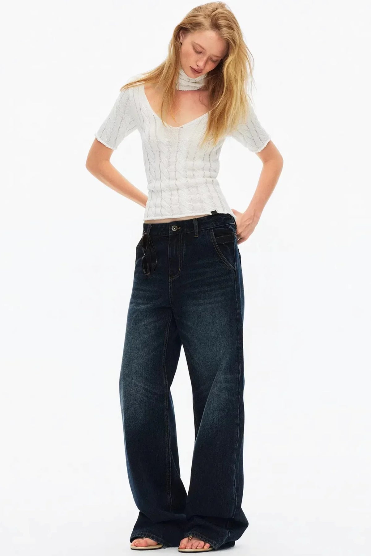 Hollow-Out Knit V-Neck Top