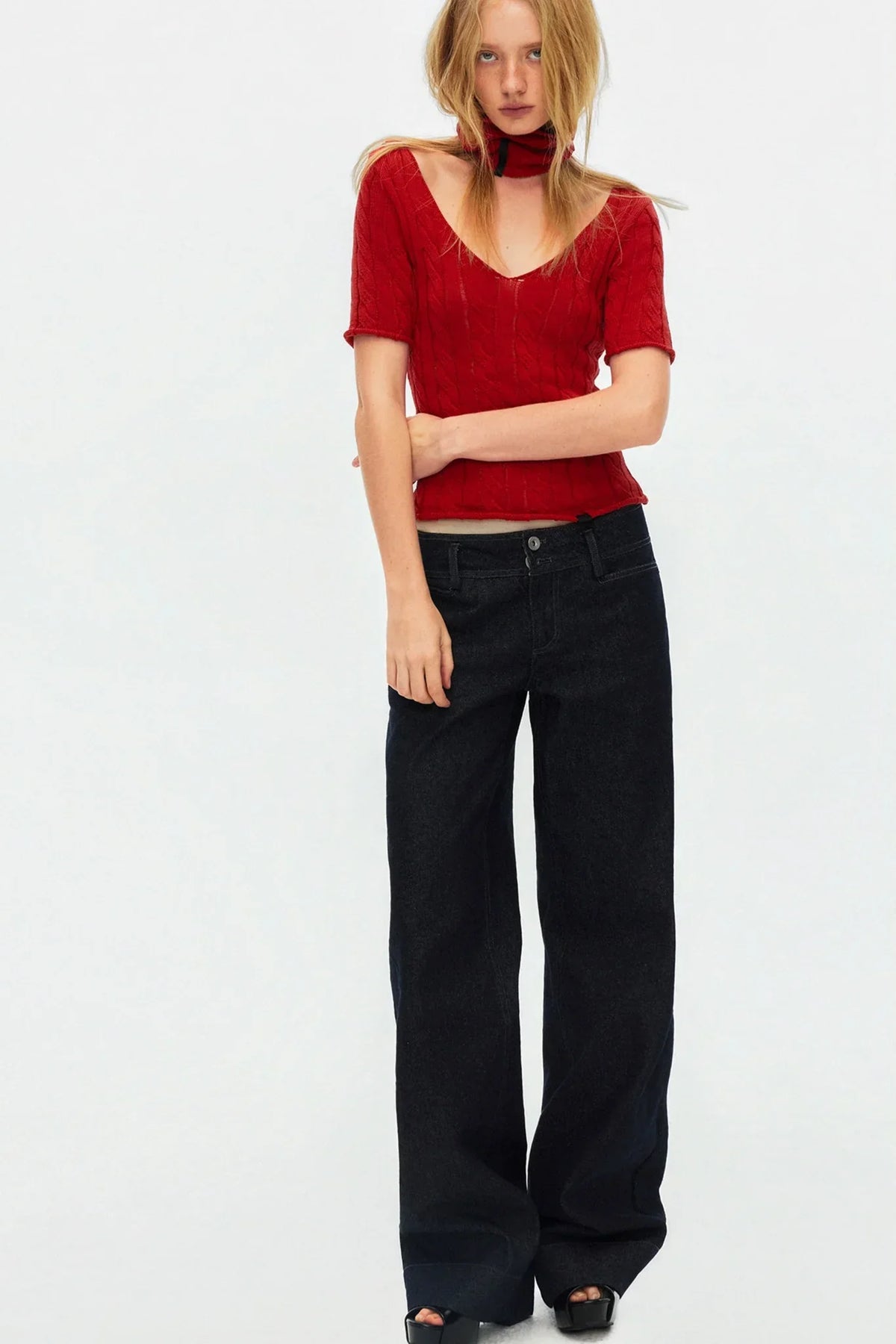 Hollow-Out Knit V-Neck Top