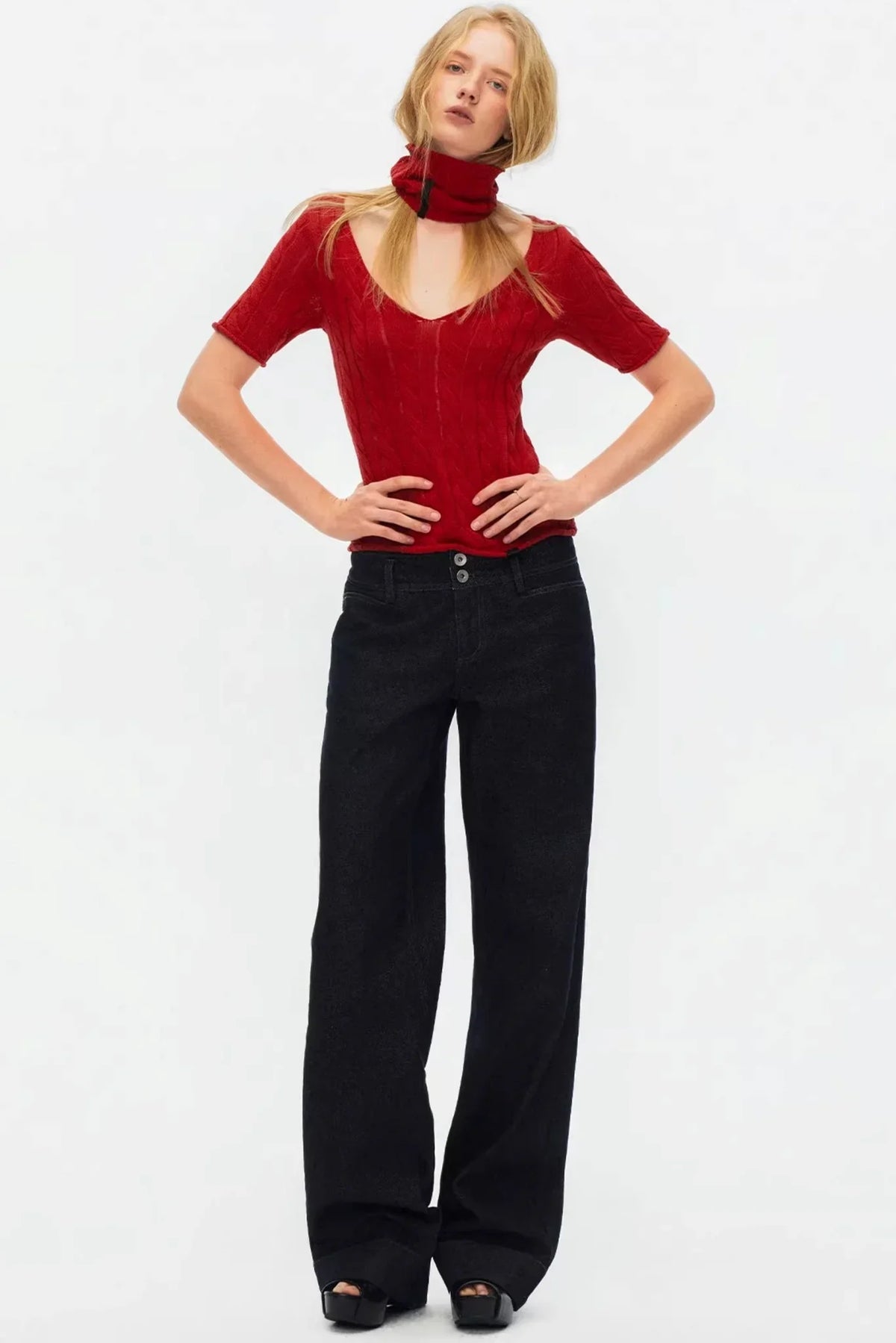 Hollow-Out Knit V-Neck Top