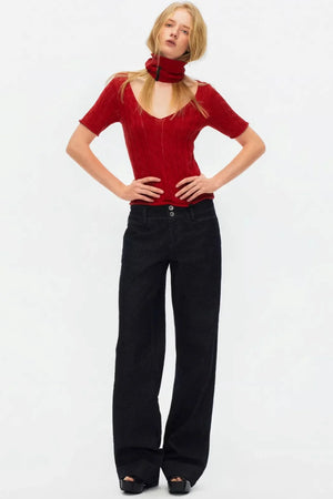 Hollow-Out Knit V-Neck Top