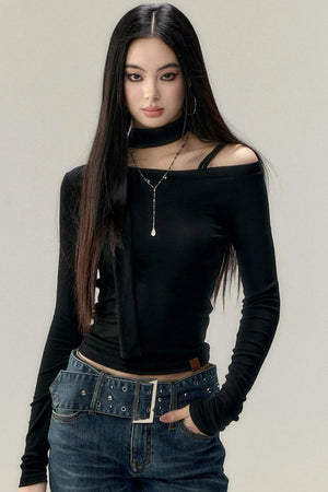 Hollowed-Out Shoulder Tencel Top