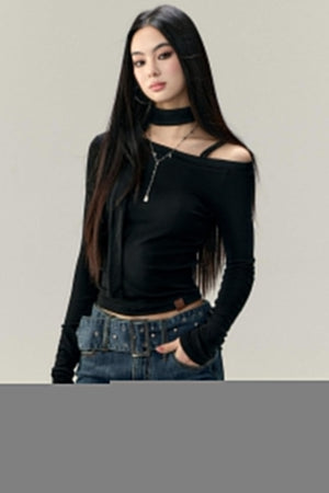 Hollowed-Out Shoulder Tencel Top