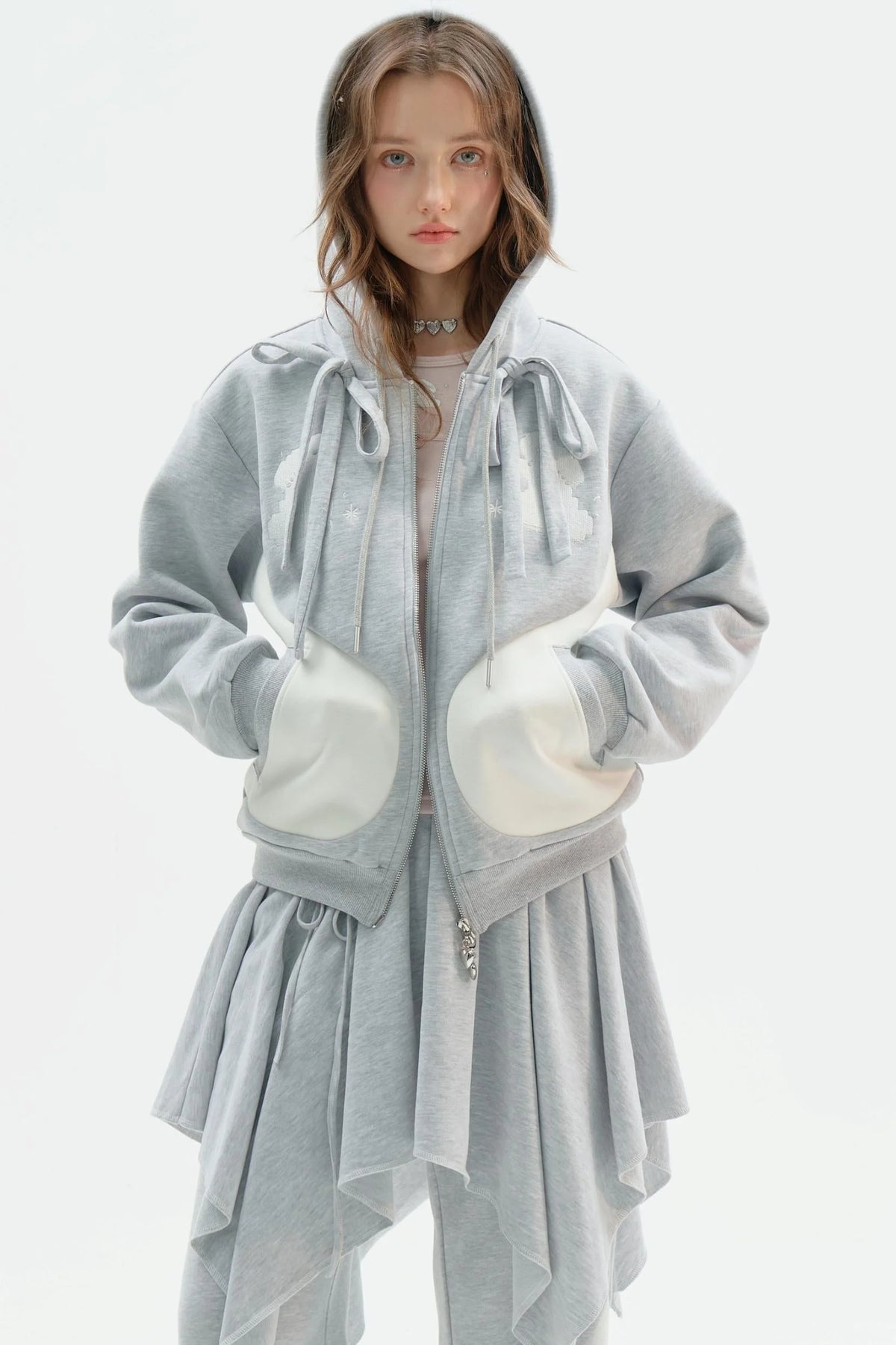 Hooded Gray Jacket and Skirt Set-Up