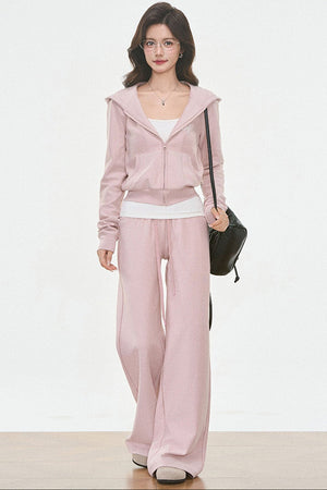 Hooded Knit Cardigan and Sweatpants Set-Up