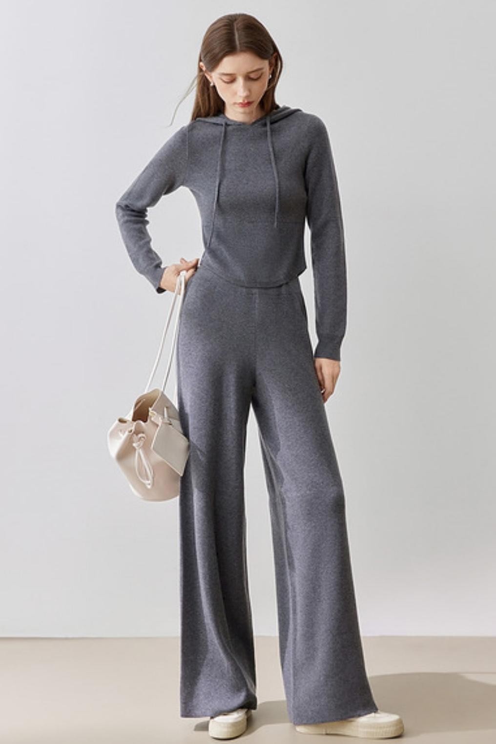 Hooded Knit Sweater & Wide-Leg Pants Set