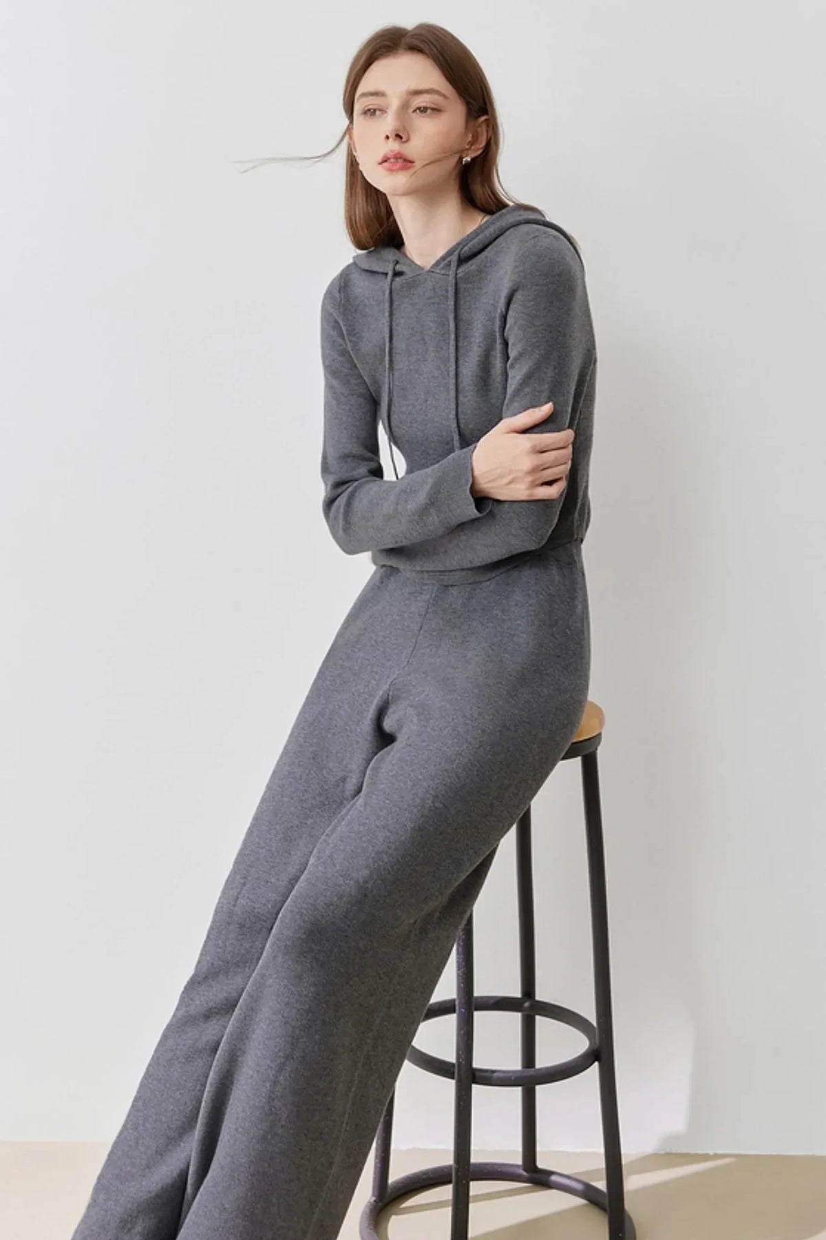 Hooded Knit Sweater & Wide-Leg Pants Set