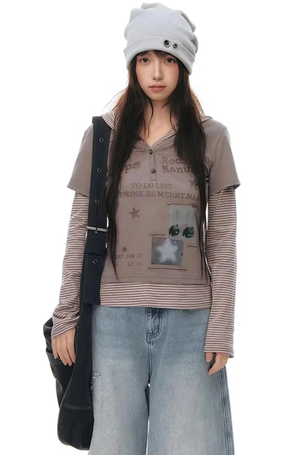 Hooded Spliced Long-Sleeve Top