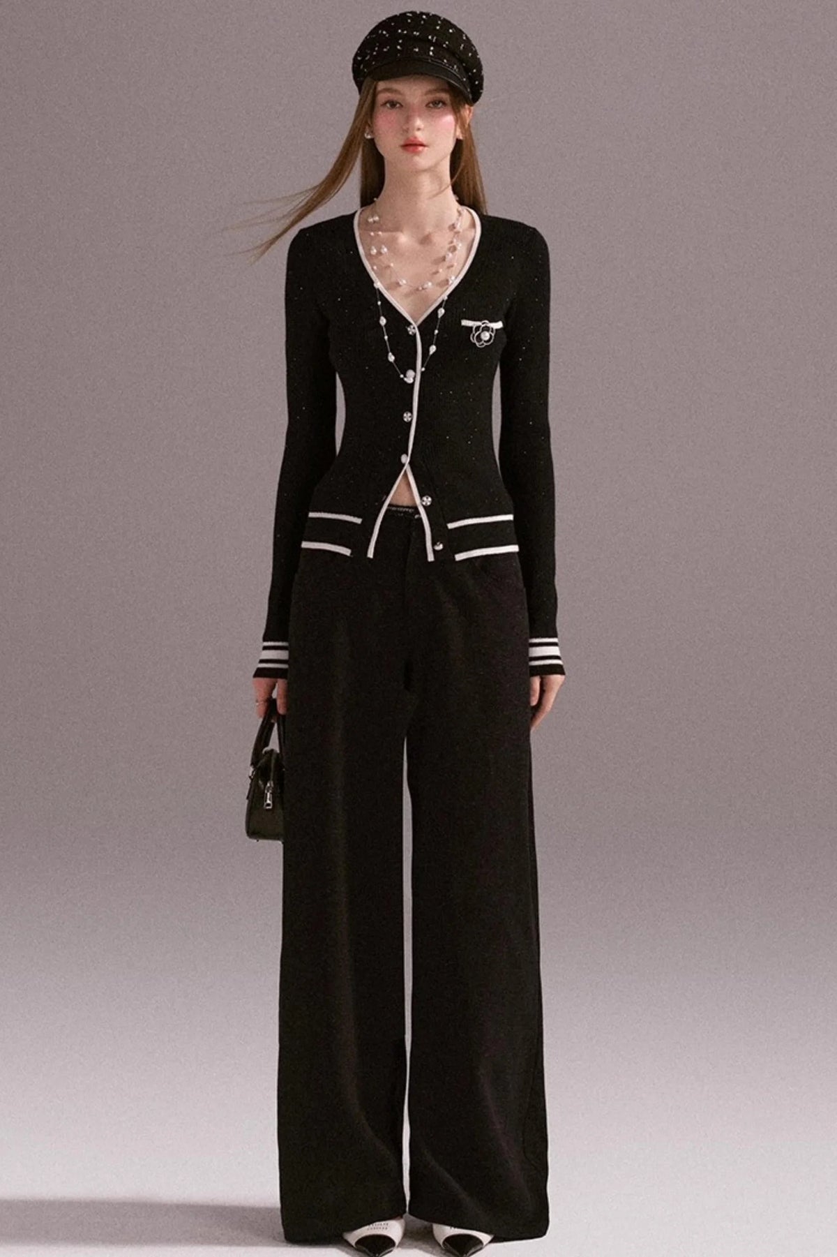 Hot Girl Contrast Knit Cardigan Suit Set-Up