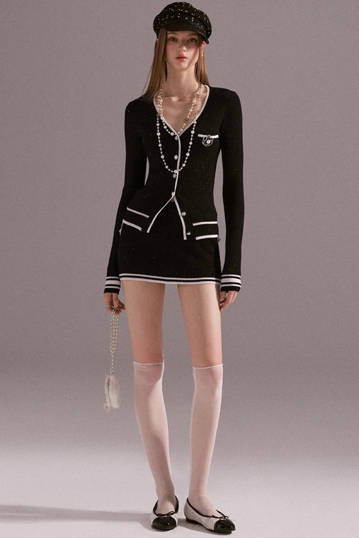 Hot Girl Contrast Knit Cardigan Suit Set-Up
