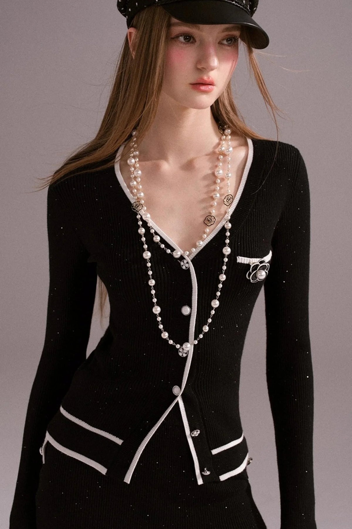 Hot Girl Contrast Knit Cardigan Suit Set-Up