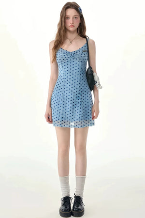Ice Blue Polka Dot Spaghetti Strap Dress
