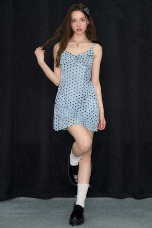 Ice Blue Polka Dot Spaghetti Strap Dress