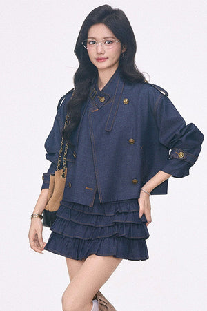 Imitation Denim Short Jacket and Cake Skirt Set