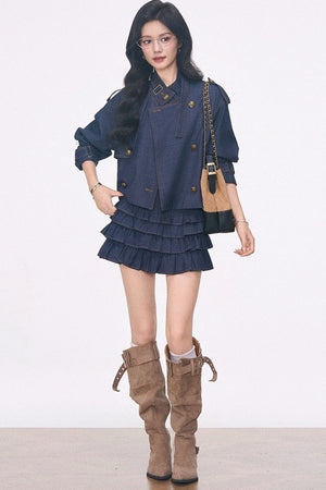 Imitation Denim Short Jacket and Cake Skirt Set