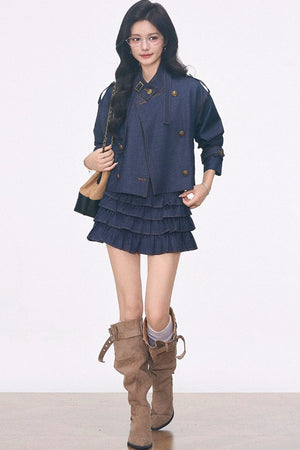 Imitation Denim Short Jacket and Cake Skirt Set