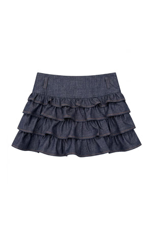 Imitation Denim Short Jacket and Cake Skirt Set