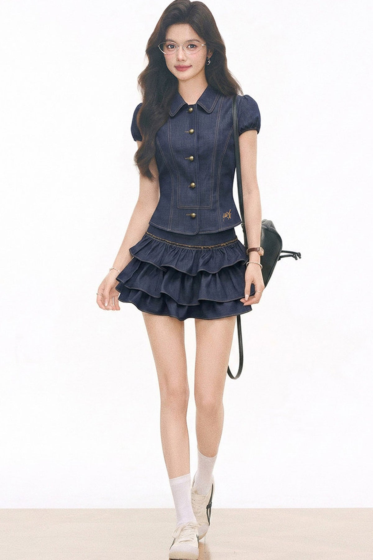 Imitation Denim Summer Blouse and Skirt Set-Up