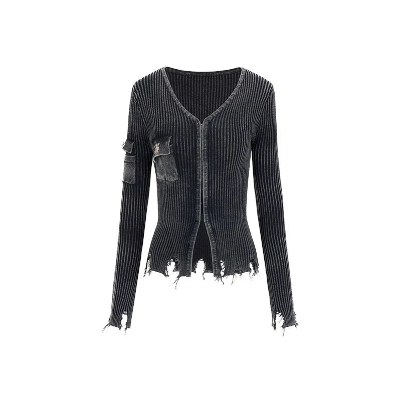 Industries Washed Distressed Knit Cardigan Skirt Set