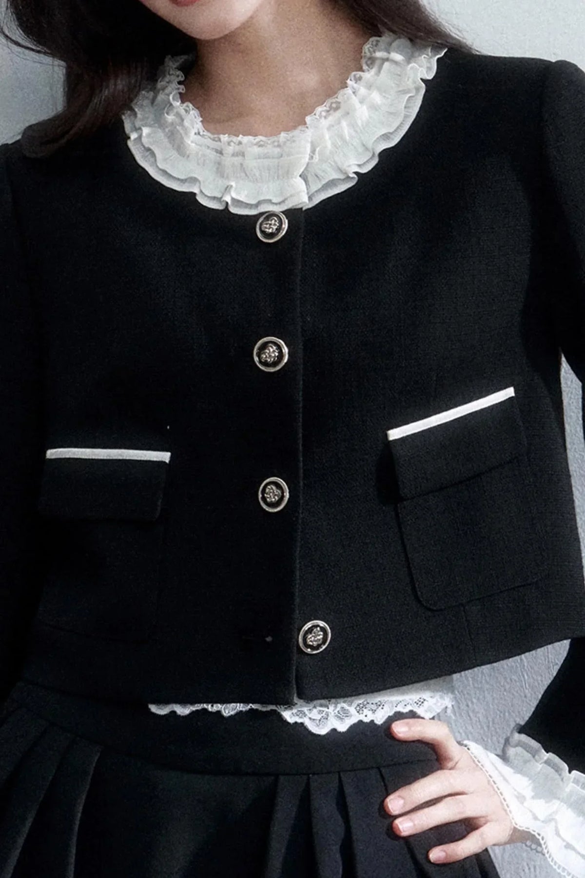 Ink-Colored Lace Jacket and Skirt Set-Up