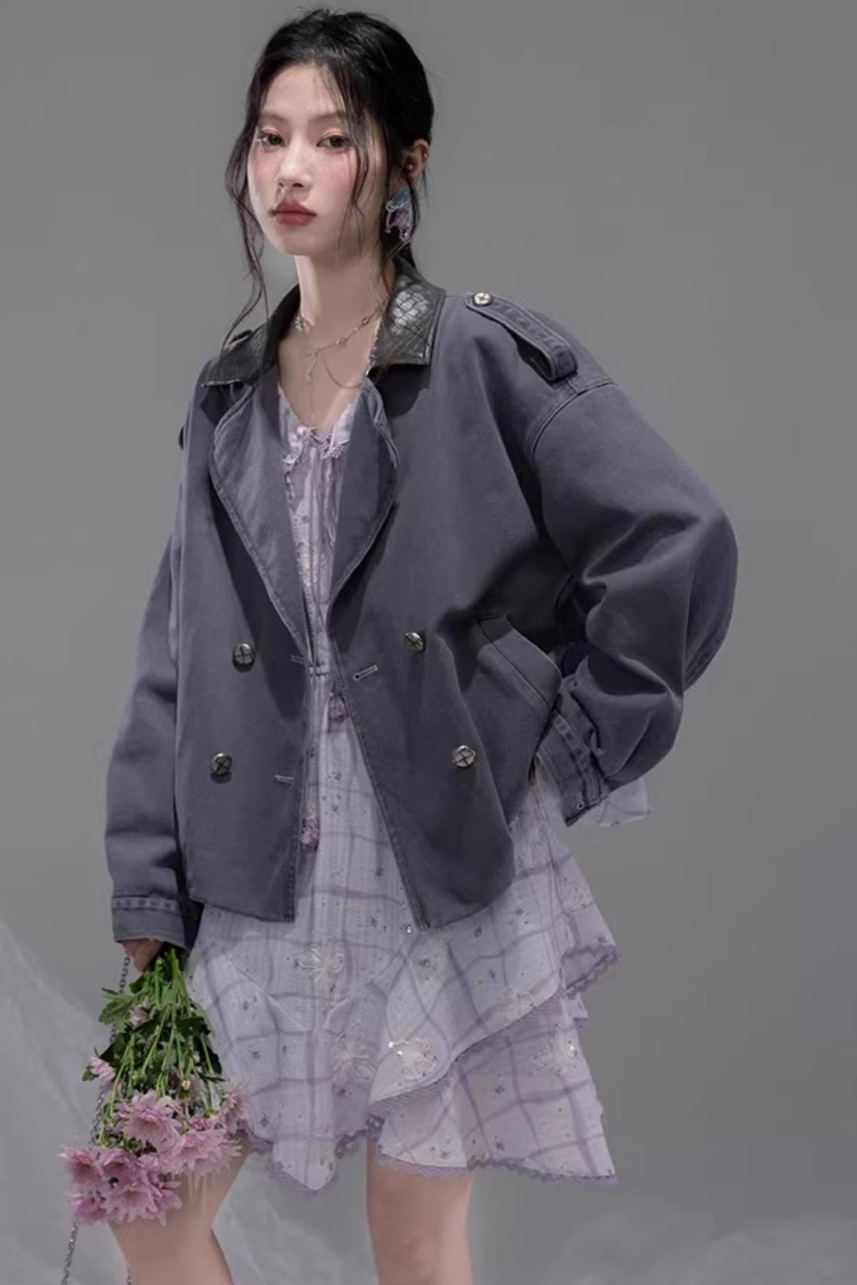 Ink Gray Leather Patchwork Jacket